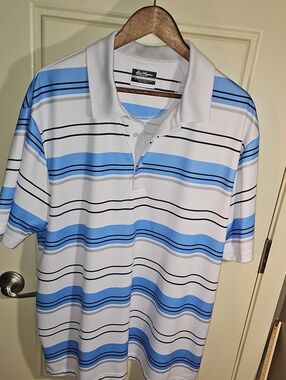 Hogan White, Light Blue & Navy Striped Polo Shirt Size XXL